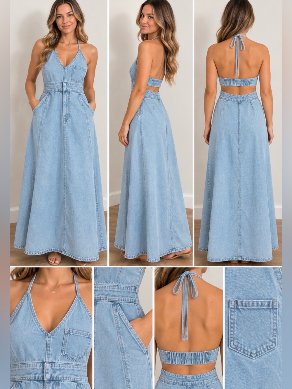 NWT Universal Thread Denim Halter Maxi Dress Light Wash Size 4